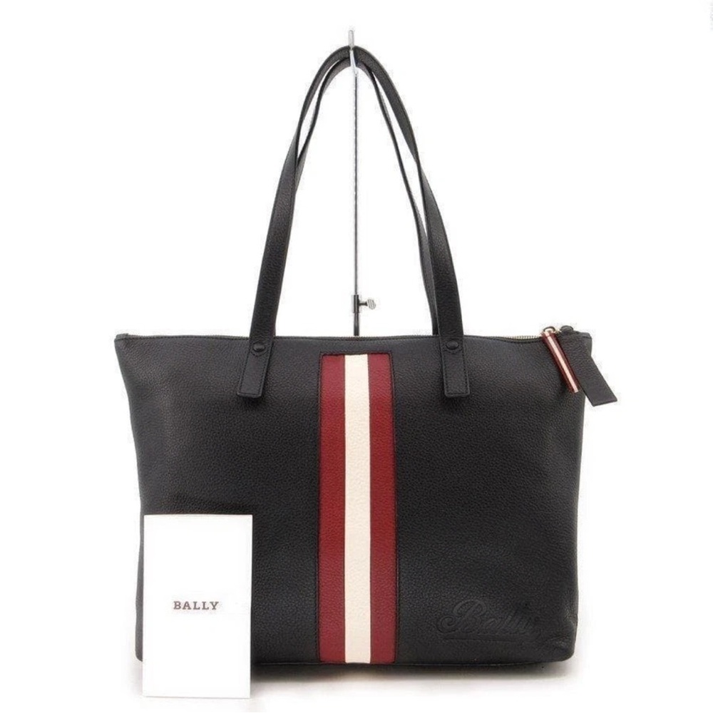 Bally Black Leather Tote Bag with Red Stripe